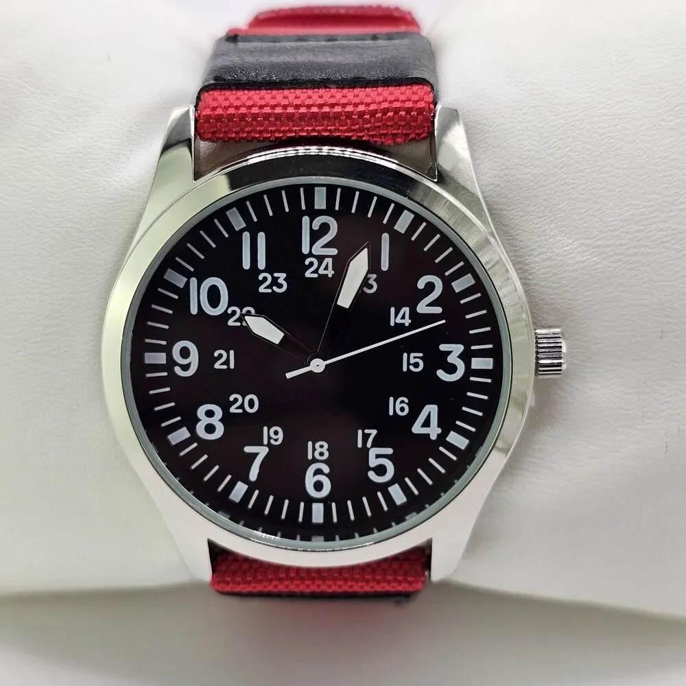 Field Men's Watch 42MM Black Dial Red Black Canvas Bands New Battery
